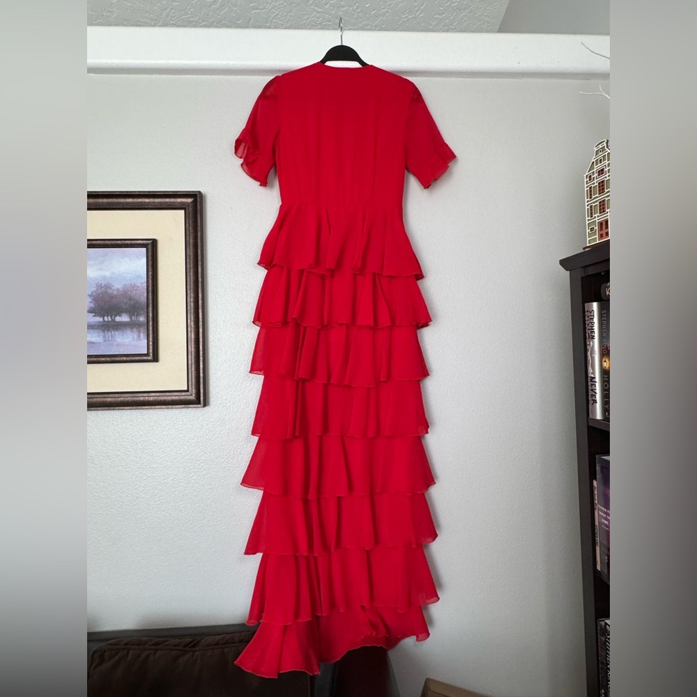 PrettyLittleThing Red Chiffon Ruffle Layer Maxi Dress Size 4 - Picture 6 of 11